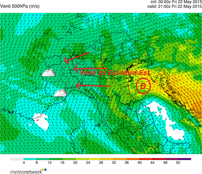 Modello fisico-matematico Meteonetwork riguardante la direzione e la velocità del vento a 500hPa
