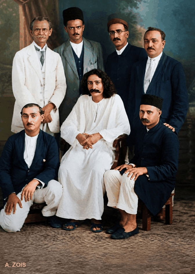 Bombay, India - 5th September 1929. Seated : Kaka Braia (L,) Meher Baba, Gustadji Hansotia. Standing : B.P. Pudumjee (L), Ramjoo A.K. Jaffer, Chanji F.H. Dadachanji, Naval Talati. Image rendition by Anthony Zois.