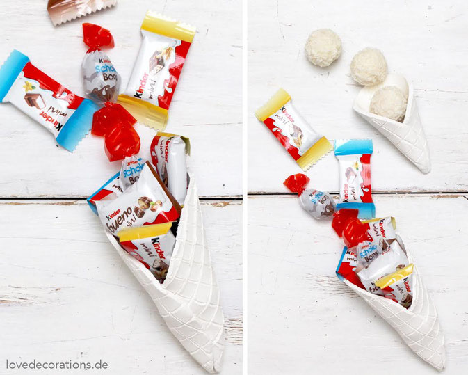 Selbstgemachte Eiswaffeln aus Fimo mit Süssigkeiten als Geschenk