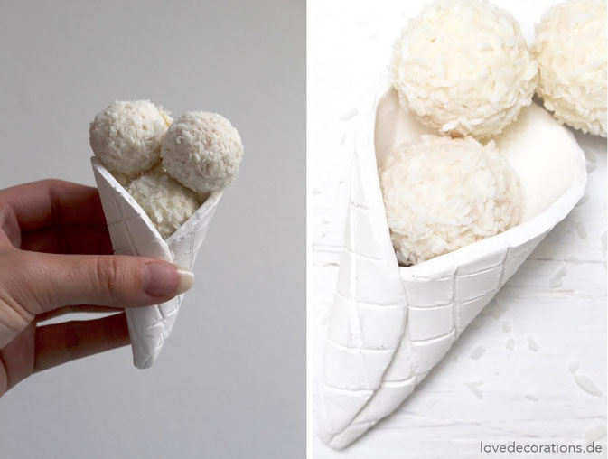 selbstgemachte Eiswaffeln aus Fimo mit Raffaello