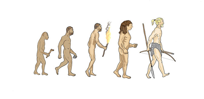Entwicklung des Menschen, Australopithecus, Homo Erectus, Neanderthaler, Homo Sapiens. Die Entwicklung des Menschen, gezeichnet von Niels-Schroeder.