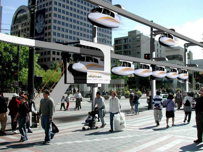 Lo SkyTran immaginato nella città di Seattle negli Stati Uniti