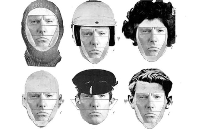 Criminal identikit police identity parade with six different faces of ZakWashington (balaclava, helmet, woman's wig, bald, police hat and quiffed hair?