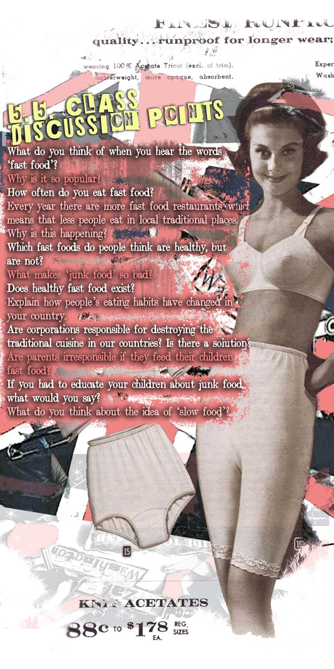 EFL discussion about fast food and junk food on British retro-style magazine ad
