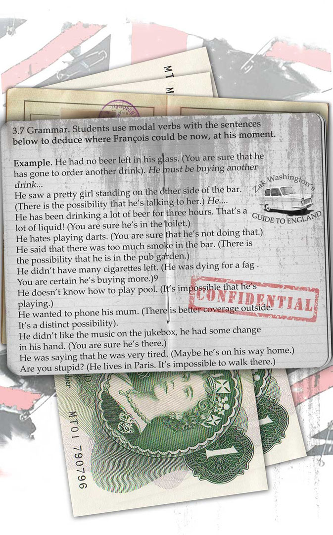 'English Grammar Exercises 3.7' (Grammar-Modal verbs) written on vintage British ID cards