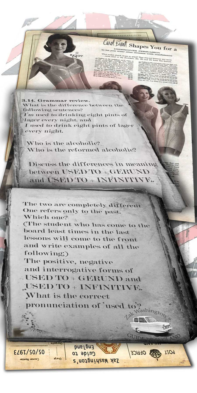 Grammar review exercise covering 'used to + infinitive' vs 'be used to + gerund' on vintage British clothes ad from a woman's magazine