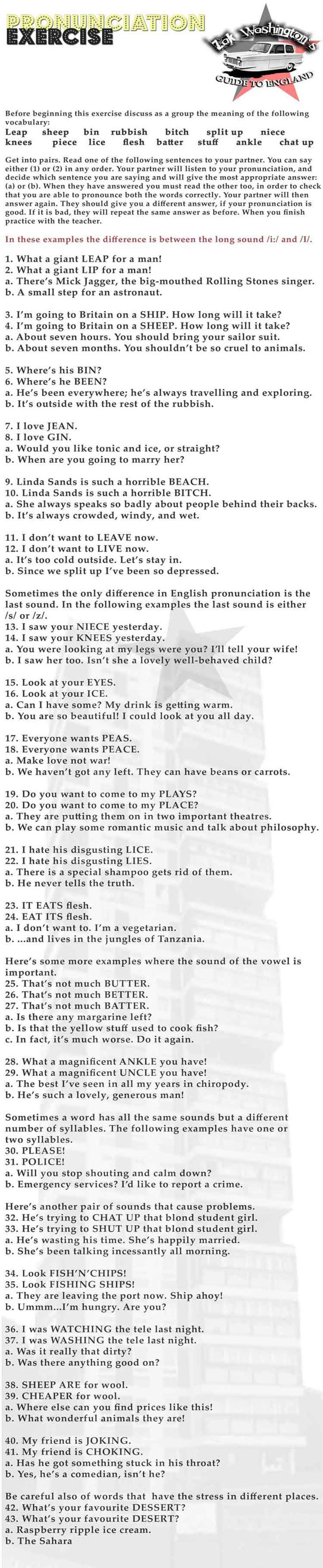 English language pronunciation exercise lesson infographic for reading aloud