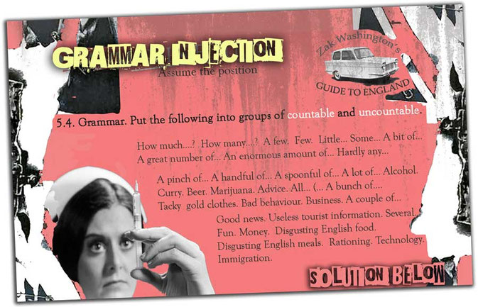 'Grammar Injection' with comical nurse pop art graphic teaching countable uncountable nouns