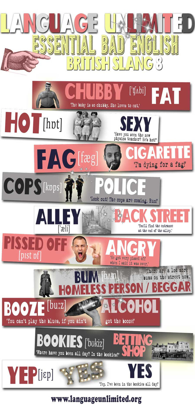 Essential English vocabulary. British slang words and phrases part 8. Pop art Infographic
