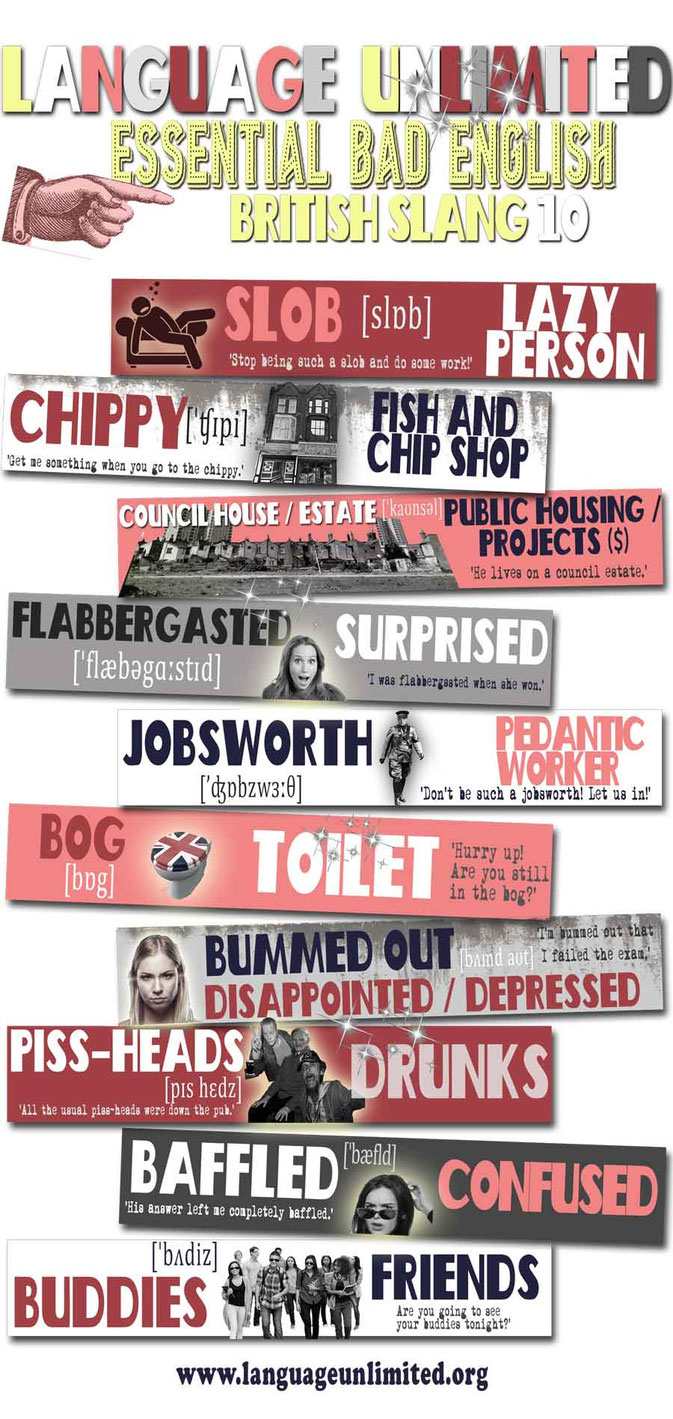 Essential English language vocabulary. British Slang words and phrases.