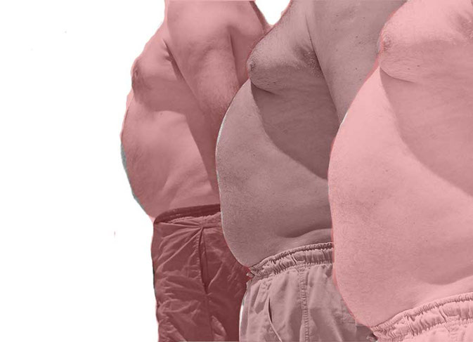 Three men with beer bellies in different shades of Zak pink