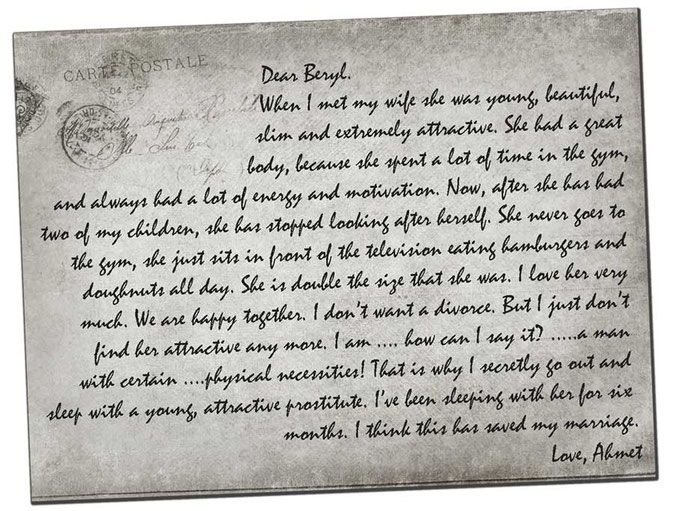 Learners' communication activity written on a vintage postcard 