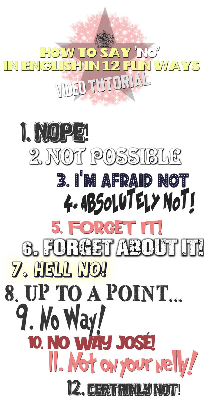 How to say 'no' in English in 12 fun ways - Infographic with English synonyms featured in the above video