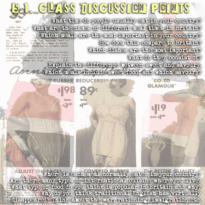 TEFL discussion about food and eating on a vintage British clothes catalogue page