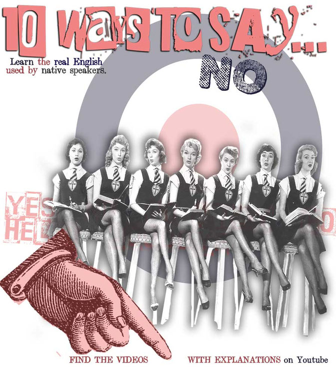 Text '10 Ways to say 'No' in English' (pop art to introduce the social English video below)
