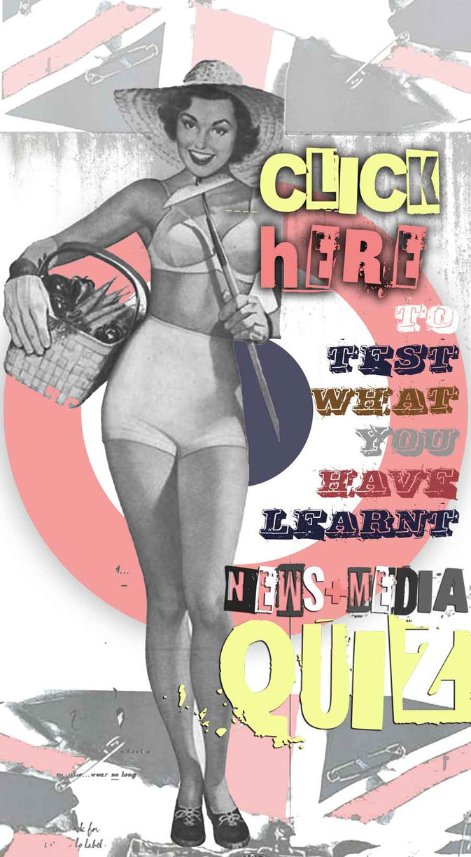 British pin-up model in a vintage ad 'Click here for Progress Test'