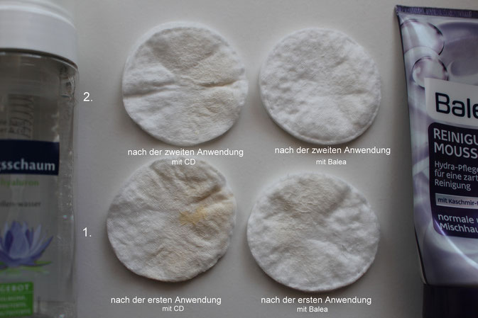 Bild : Rückstände auf einem Wattepad nach der Reinigung mit dem CD Reinigungsschaum und Balea Reinigungsmousse