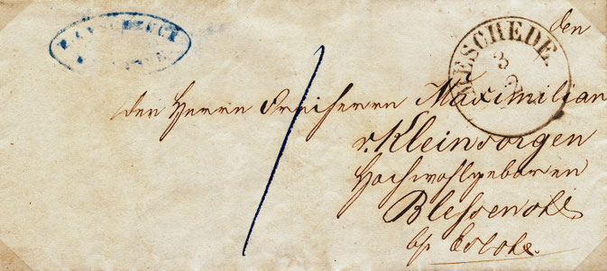 Briefumschlag, gerichtet an Herrn Freiherrn Maximilian Kleinsorgen, Hochwohlgeborenen Blessenohl bei Eslohe