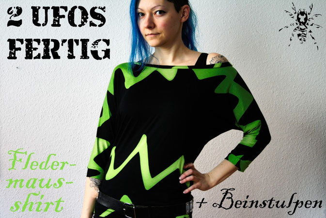 2 UFOs sind fertig - Fledermaus-Shirt in schwarz und lime + Beinstulpen - Zebraspider