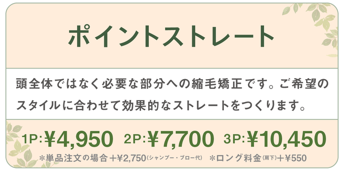 千種区本山の美容室ヘアサロン/ヘアディテール本山フォレストのレディース縮毛矯正メニューです。
