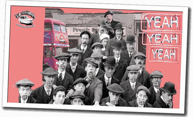 A still from ZakWashington video showing men in flat caps outside UK turf accountants and a double decker bus