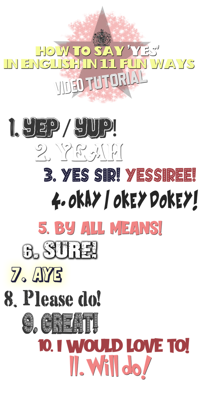 Infographic containing all the terms from the above video with text 'How to Say Yes in English in 10 Fun Ways' plus Yes synonyms in British-style vintage fonts