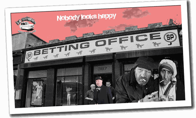 Vintage polaroid-style photo of an old 1970's betting shop with pink sky and odd British people