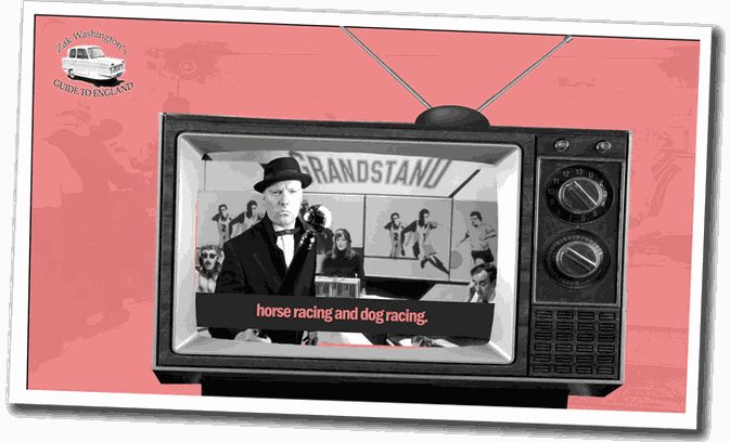 Zak as a TV presenter on vintage TV-typical BBC-style British Sports program