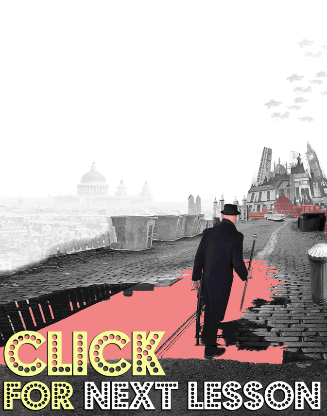 Caricature poster of Zak Washington walking away towards a cartoon-like vintage London, with pink heart-shaped puddle and British Burlesque-style font saying 'CLICK FOR NEXT LESSON'