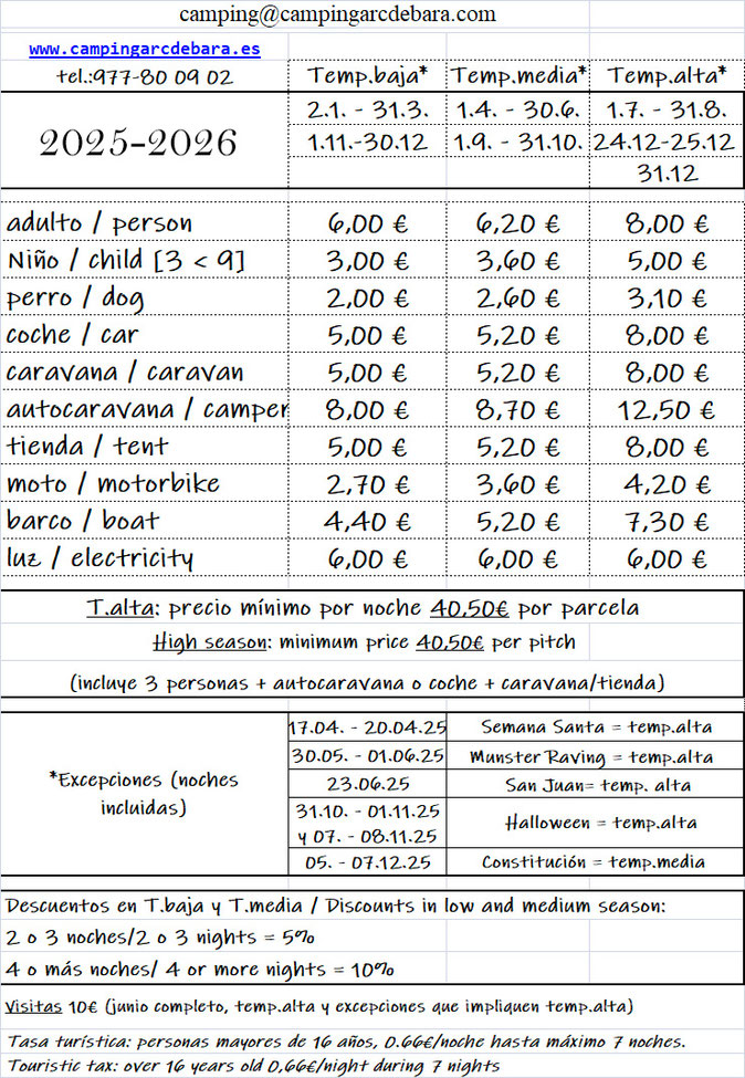 Prices camping 2023 Tarragona Spain