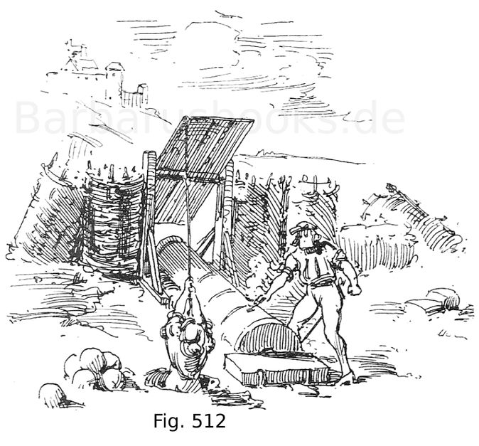 Fig. 512. Belagerungsgeschütz in Stellung, mit Blende. 14. Jahrhundert. Nach Froissard.