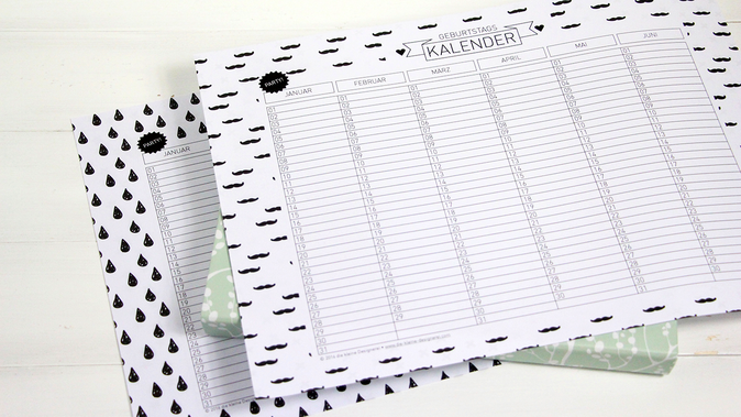 Geburtstagskalender zum herunterladen, ohne Wochentage und daher immer gültig. Dies und noch mehr schöne und nützliche Dinge für den Alltag oder zum selbermachen gibts auf www.die-kleine-designerei.com