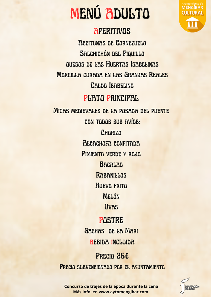 Menu y Precios Cena Medieval en Mengibar