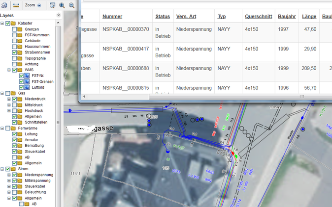 WebGIS mit MapGuide (hier Beispiel Niederspannungsnetz mit WMS im Hintergrund)