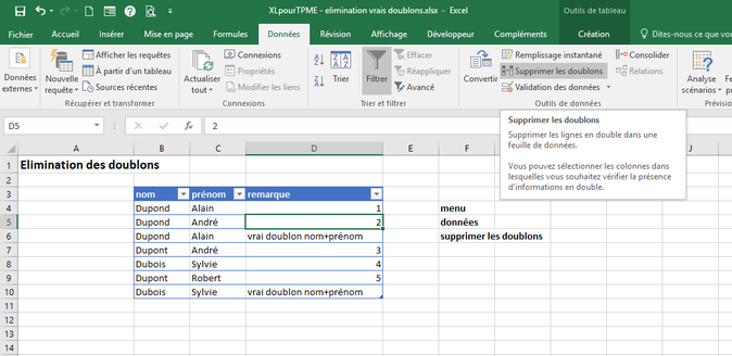 XLpourTPME :  Etapes pour éliminer les doublons