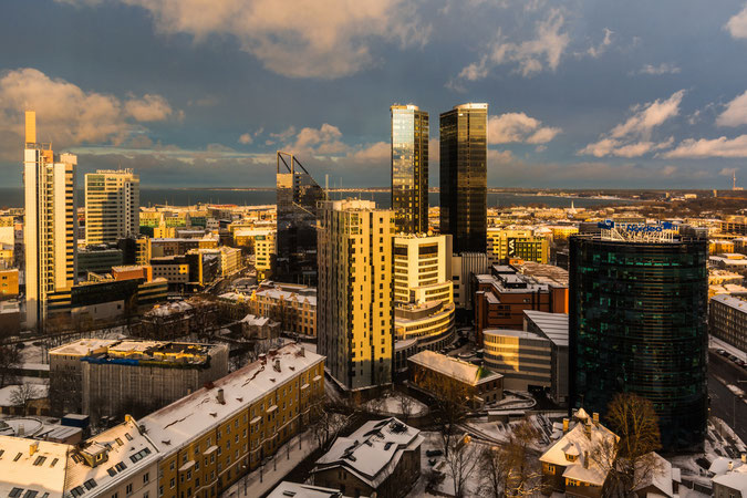 Blick auf das moderne Stadtzentrum von Tallinn und der Hafen im Hintergrund im Winter. Das Licht ist der Wahnsinn.