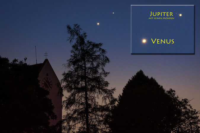 01.07. 2015 - Spektakuläre Begegnung am Abendhimmel: Venus und Jupiter. Die Planeten sind überbelichtet um die Jupitermonde sichtbar zu machen (Sichtbar: Kallisto - Io - Europa - Jupiter / Ganymed befindet sich vor Jupiter) - Klicken zum vergrößern