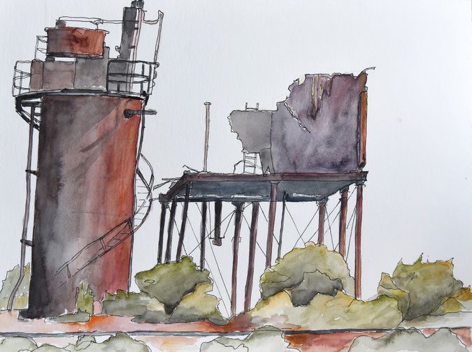 Rotes Zentrum, 40x30, Fineliner u. Aquarell, 2020