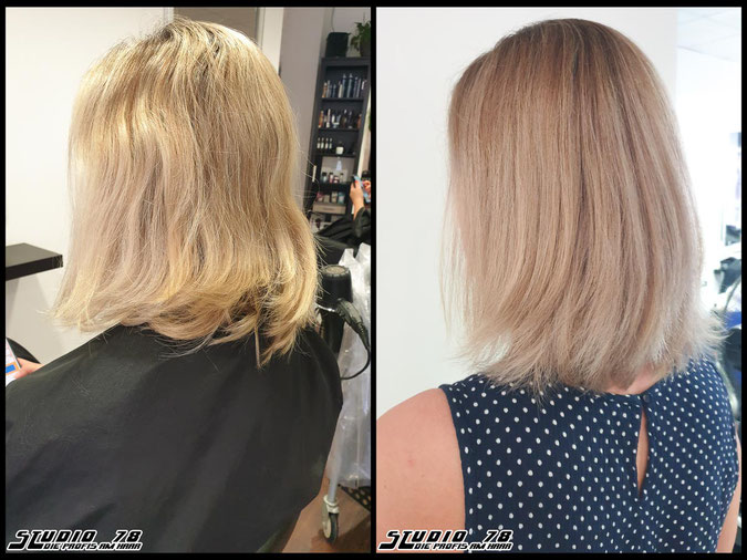 Coloration Haarfarbe champagne-blonde  nudeblonde blonde champagner-blond blond coloration vorher nachher