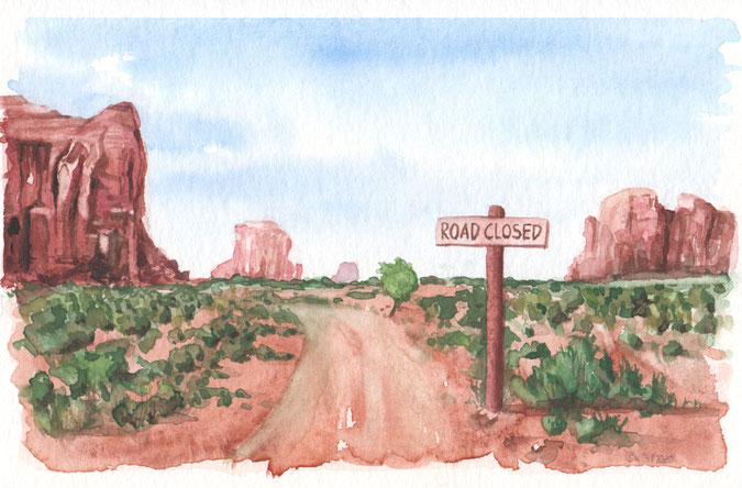 Aquarellstudie "Road closed": wüstenartige Landschaft mit aufragenden rötlichen Felsen und wenigen Büschen, Straße mit Schild "road closed"