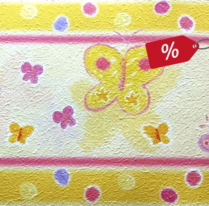 strukturierte Vliesbordüre mit pastellkreise Schmetterlingen und Blümchen - gelb - rosa - Restposten - Tapetenart nicht mehr im Sortiment