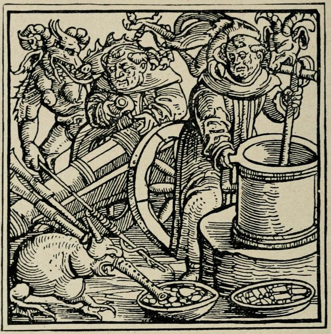 Wie der Teufel dem Mönch das Geschütz und das Schießpulver erfinden hilft, Holzschnitt von 1544.