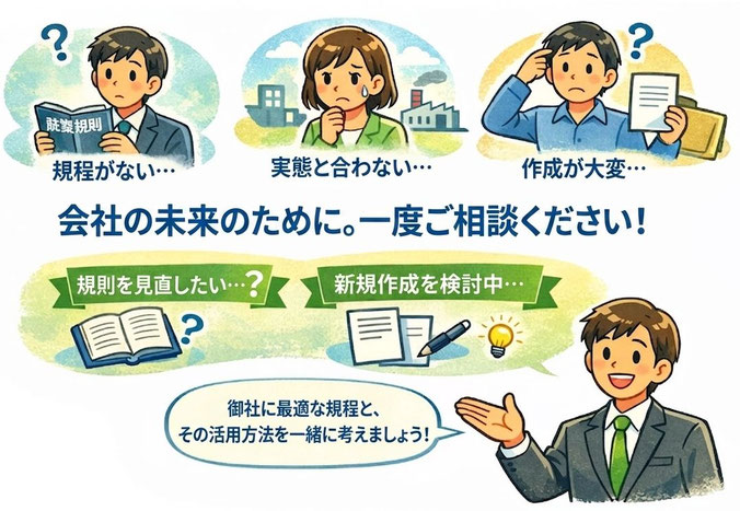 就業規則の新規作成や見直し、実態とのずれ確認について相談を案内する社会保険労務士事務所のイラスト。