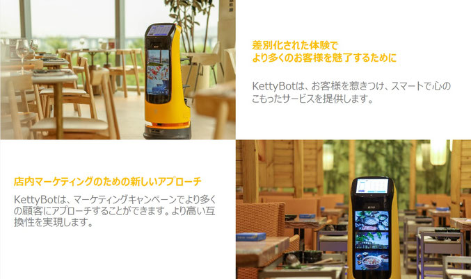 お店のおすすめ商品の宣伝　他店との差別化サーボスを提供でき  配膳ロボットKettyBot