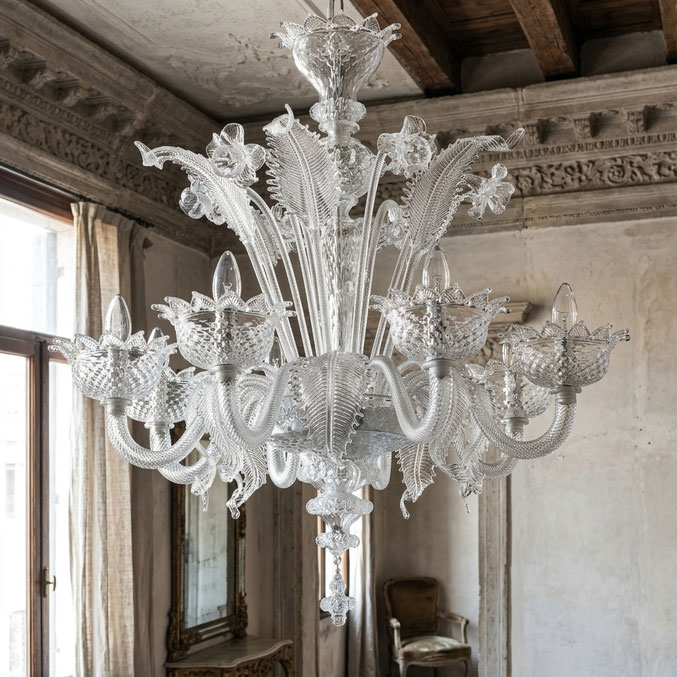 Lampadario Liszt in vetro di Murano lavorato a mano trasparente con 6 luci stile veneziano classico