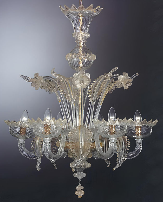 Lieszt 6 luci lampadario di Murano trasparente con oro 24 Kt