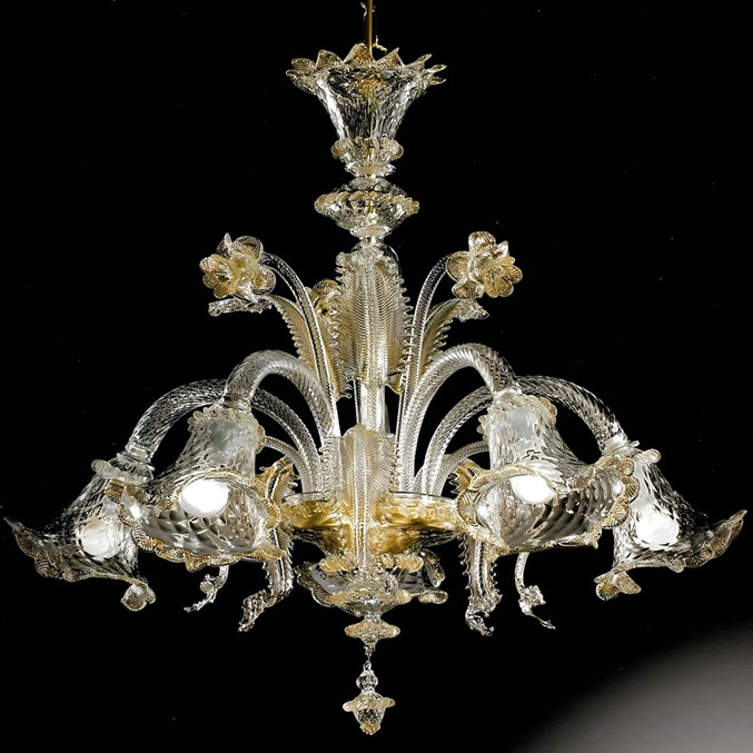 Veneziano  Originale lampadario di Murano trasparente con polvere oro 6 luci