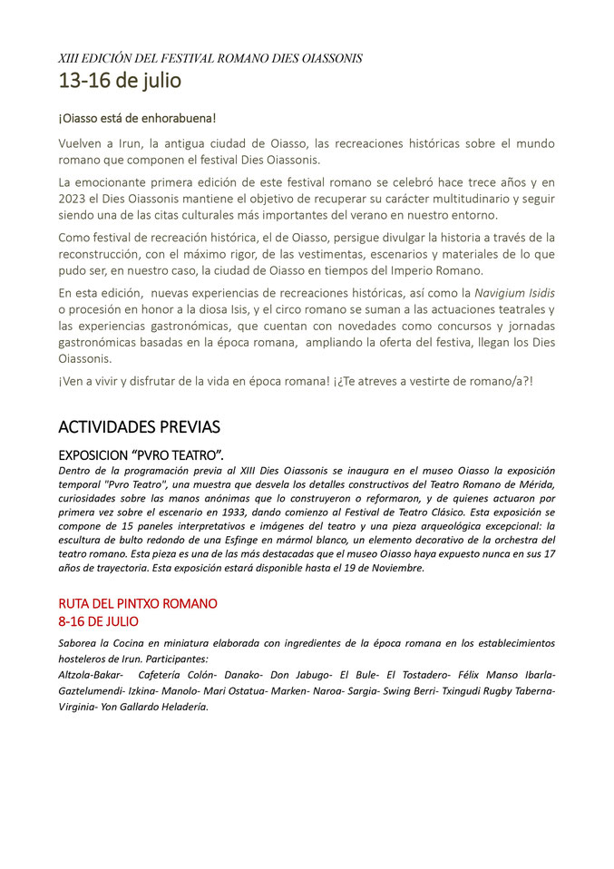Programa del Festival Romano Dies Oiassonis en Irun