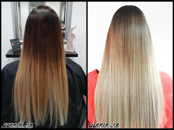 Coloration Haarfarbe blonde blond balayage coloration vorher nachher