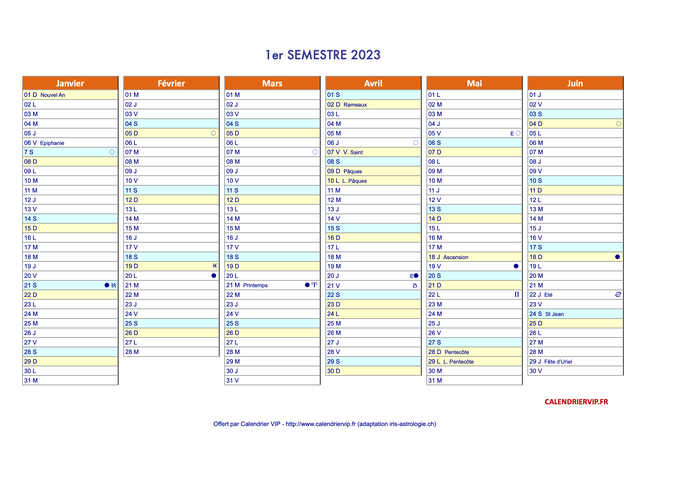 Calendrier annuel 2023 suisse en format excel et pdf (1er semestre)